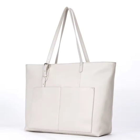 White Color Full Grain Cowhide Leather Tote HandBag