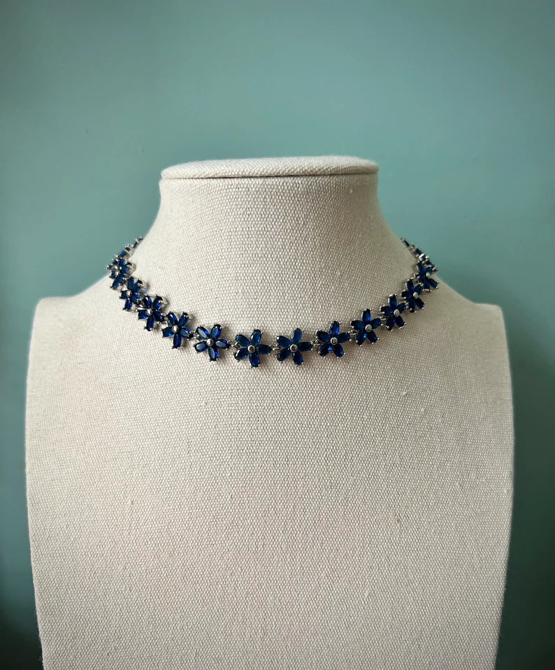 Delicate navy blue flower silver choker necklace