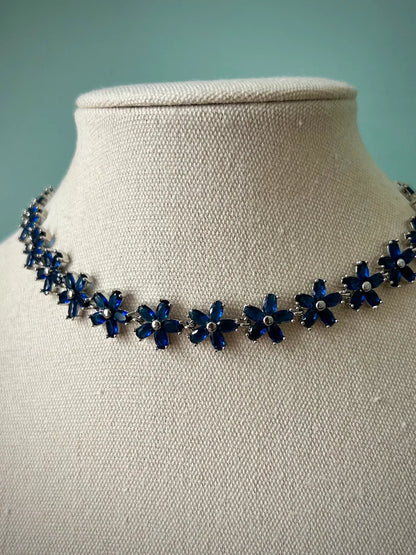 Delicate navy blue flower silver choker necklace
