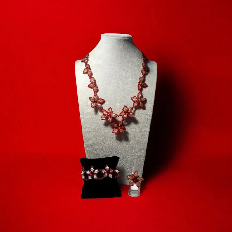 Vintage 80s Hand Beaded - Poinsettias Necklace