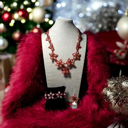 Vintage 80s Hand Beaded - Poinsettias Necklace