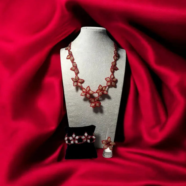 Vintage 80s Hand Beaded - Poinsettias Necklace