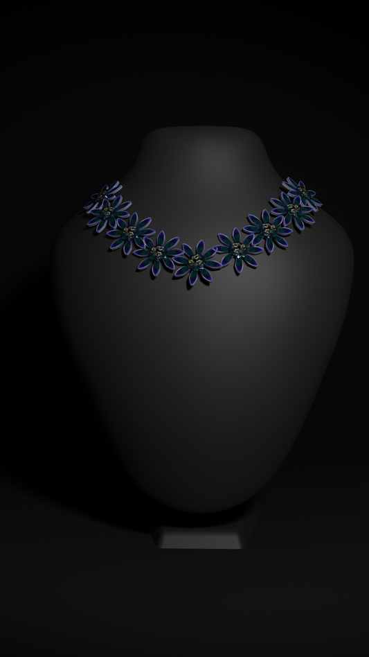 Delicate navy blue flower silver choker necklace